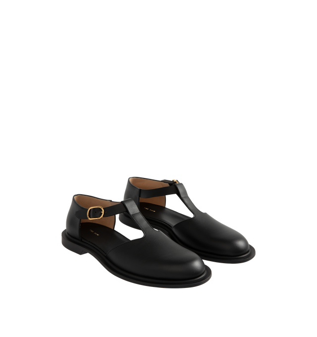 Image 3 of 5 - BLACK - THE ROW Nic T-Strap Flat featuring adjustable buckle closure, t strap and square toe. Leather upper and rubber sole. Made in Italy.