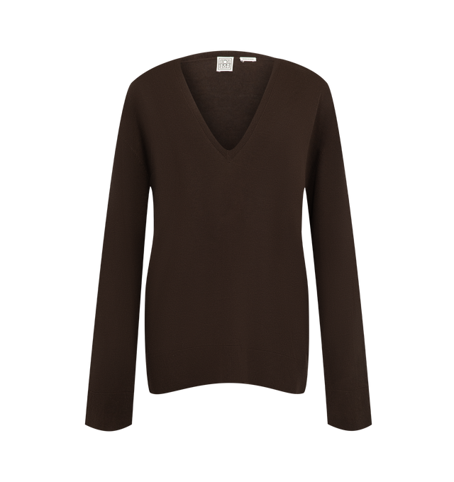 Image 1 of 2 - BROWN - Toteme Women's Fine V-Neck Knit is crafted from fluid lyocell blended with cashmere and features a relaxed, extra-long silhouette with a deep V-neckline. Ribbed trim finishes the neckline, hem, and cuffs. Main Material: 90% Lyocell, 10% Cashmere.