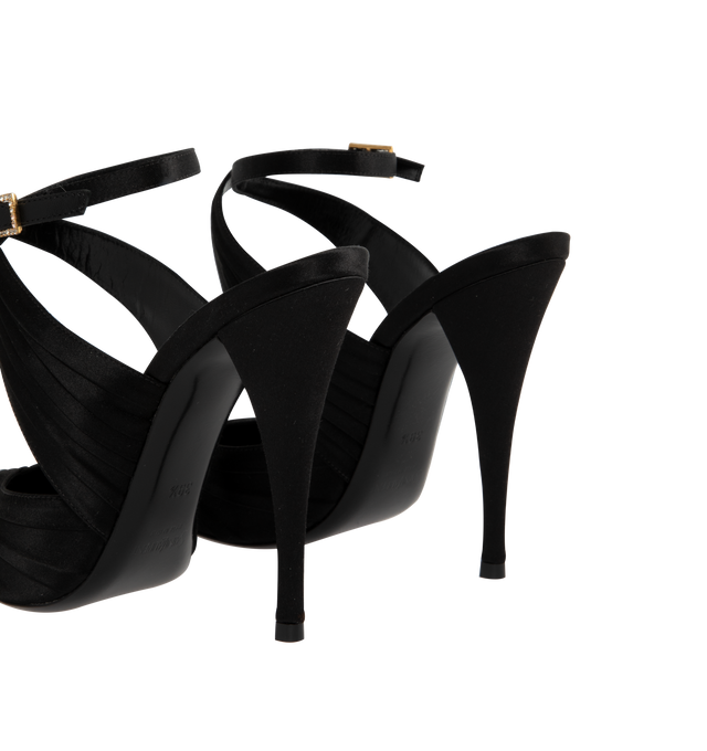 Image 3 of 4 - BLACK - SAINT LAURENT Doville Calypso Pump featuring an exaggerated pointed toe, covered stiletto heel and crisscrossed ankle strap with gold buckle. Leather sole. 110MM heel. Made in Italy.