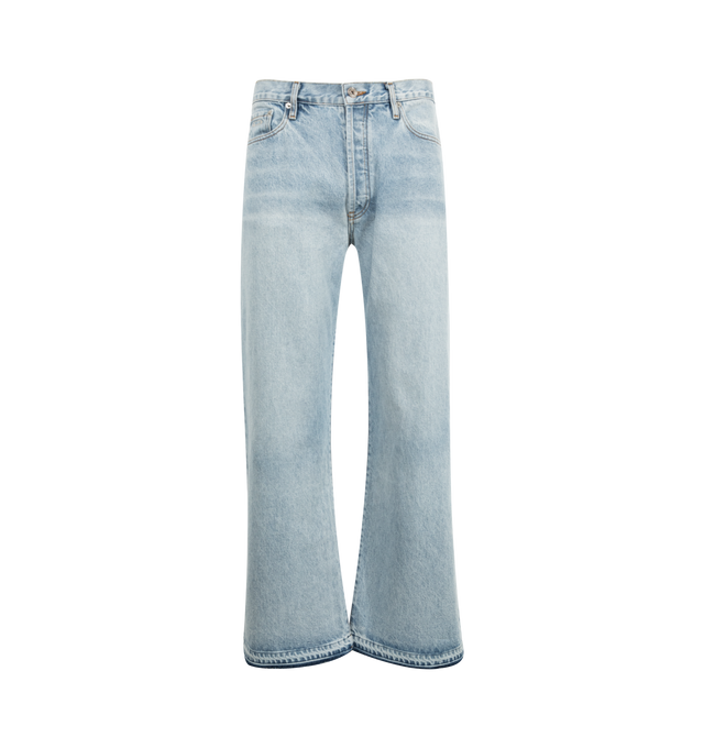 Image 1 of 3 - BLUE - GALLERY DEPT. Melrose Pant featuring released raw hem, loose fit, 5 pocket style and button zip closure. 100% cotton. Made in USA.