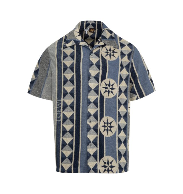 Image 1 of 2 - BLUE - LOEWE PAULA'S IBIZA Printed Short Sleeve Shirt in lightweight cotton blend jacquard terry featuring an exclusive compass print with a placed Anagram, relaxed fit, regular length, camp collar, button front fastening, chest patch pocket and split sides. Cotton, polyester. Made in Portugal.