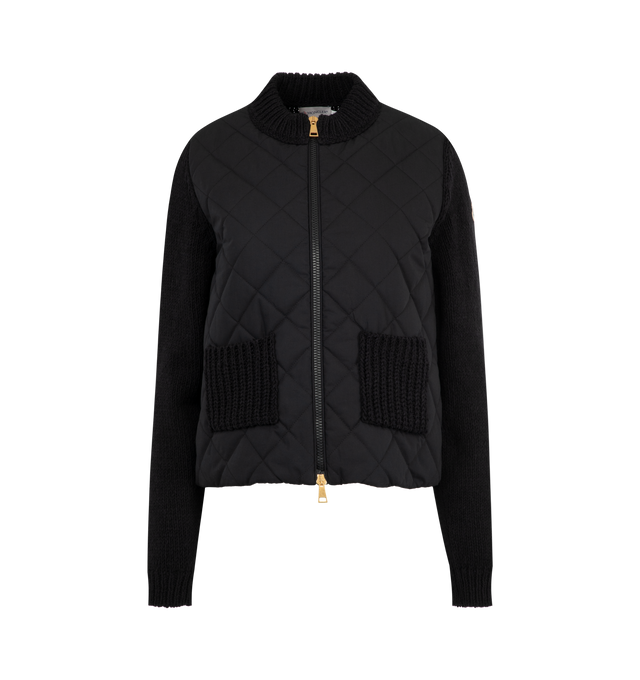 Image 1 of 3 - BLACK - MONCLER Padded Cotton Zip-Up Cardigan featuring cotton blend lining, padded cotton poplin front, fully-fashioned stockinette stitch, gauge 3, knit patch pockets, zipper closure. 100% cotton. 75% cotton, 25% polyamide/nylon. Padding: 100% polyester. Made in Moldova.
