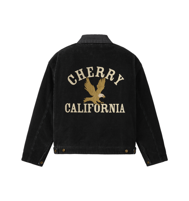 Image 2 of 7 - BLACK - Cherry LA Men's Corduroy Work Jacket is crafted from cotton corduroy and features a vintage-washed finish, a canvas collar, and a nickel zip closure at the front. Designed with double welt chest pockets with zip closures, side welt pockets, distressed detailing, and a screen-printed graphic at the back, this workwear-inspired style is finished with custom branded hardware and a removable eagle pin at the collar. Main Material: Cotton. Made in Los Angeles, USA.