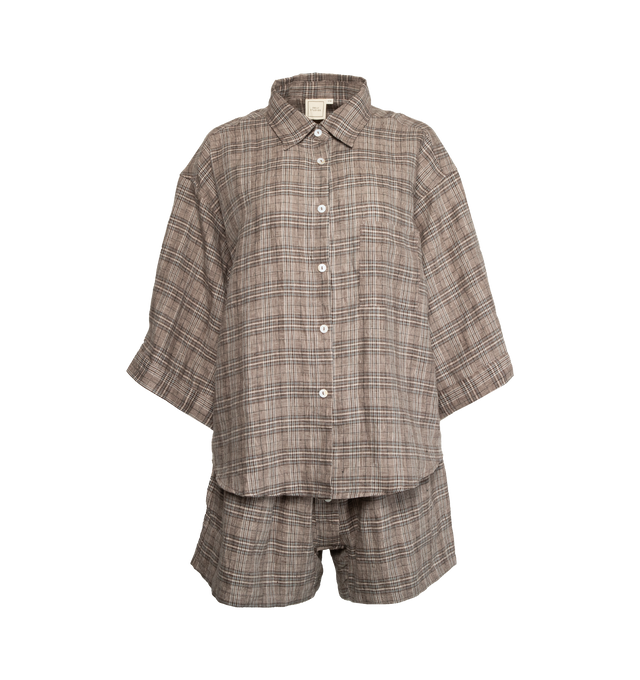 Image 1 of 4 - BROWN - DEIJI STUDIOS 03 Set features an oversized box fit linen shirt with wide arms and a front pocket. Shorts featuring mid rise, the loose fitting boxer style, faux button down fly and an elastic waist. 100% OEKO-TEX 100 certified and EU certified stone washed french linen. 