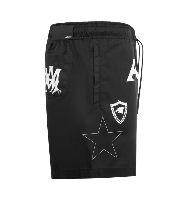 Image 3 of 3 - BLACK - AMIRI Sport Swim Trunk featuring printed logo, elasticated waist with drawstring, back patch pocket with MA logo and side welt pockets. 100% polyester.