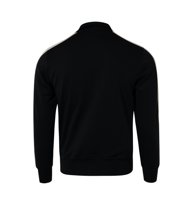 Image 2 of 2 - BLACK - PALM ANGELS Monogram Track Jacket featuring rib knit stand collar, hem, and cuffs, zip closure, logo embroidered at chest, zip pockets, striped trim at sleeves and full jersey lining. 100% recycled polyester. Made in Italy. 