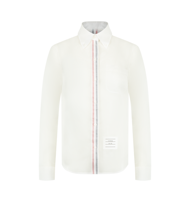 Image 1 of 2 - WHITE - THOM BROWNE Silk Organza Transparent Shirt featuring signature RWB stripe, pointed flat collar, a front button placket, long sleeves, buttoned cuffs and a curved hem. 100% silk.