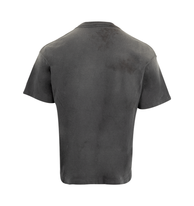 Image 2 of 2 - BLACK - SAINT MICHAEL Saint Alpha T-shirt featuring a worn-in and distressed design, ribbed crewneck, short sleeves and front graphic print. 100% cotton. Made in Japan.