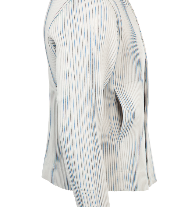 Image 3 of 4 - WHITE - ISSEY MIYAKE TWEED PLEATS SHIRT featuring wavy contrasting stripes, pleated jacket, straight, tailored shape, two side pockets and a two-button closure. 100% polyester.  