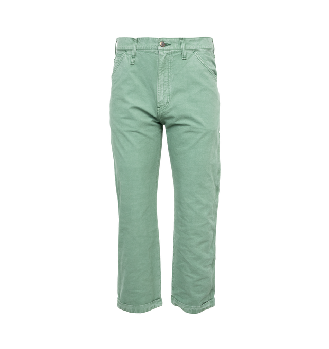 Image 1 of 4 - GREEN - HUMAN MADE Garment Dyed Painter Pants featuring straight cut, side pockets, garment dyed, carabiner hook, duck pocket patch and button fly. 100% cotton. 