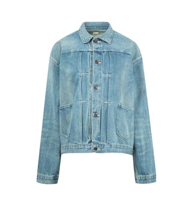 Image 1 of 3 - BLUE - CHIMALA Amoskeag Selvedge Denim Chore Jacket featuing button up front, button cuffs, foldover collar, single chest pocket, two waist pockets and tonal stitching. 100% cotton. Made in Japan.