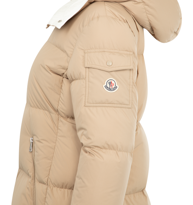 Image 3 of 4 - BROWN - MONCLER Fourmines Hooded Short Down Jacket featuring recycled polyester, down-filled, detachable and adjustable hood with recycled polyester lining, zipper closure, zipped pockets, sleeve pocket with snap button closure and adjustable cuffs. 100% polyester. Padding: 90% down, 10% feather.