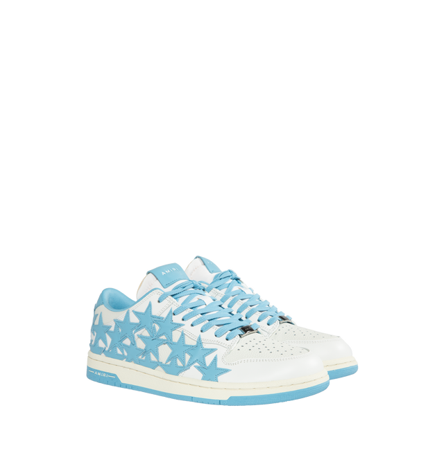 Image 2 of 5 - BLUE - AMIRI Stars Leather Low-Top Sneakers featuring flat heel, round toe, logo on the tongue and heel, lace-up vamp, star clusters on the side and rubber outsole. 