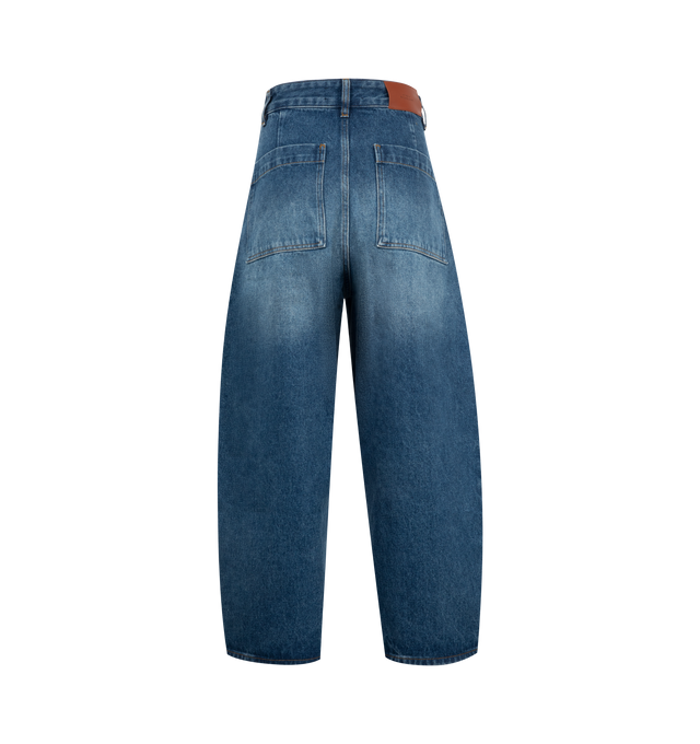 Image 2 of 3 - BLUE - Studio Nicholson Chalco Denim Pants are cut wide and cropped, with a curved leg and dropped crotch, constructed from a recycled denim thats been garment dyed for a soft, easy-wearing finish. Featuring button waist, belt loops, side slash pockets and back patch pockets. 71% Cotton, 16% Reused Cotton, 13% Recycled Polyester.
