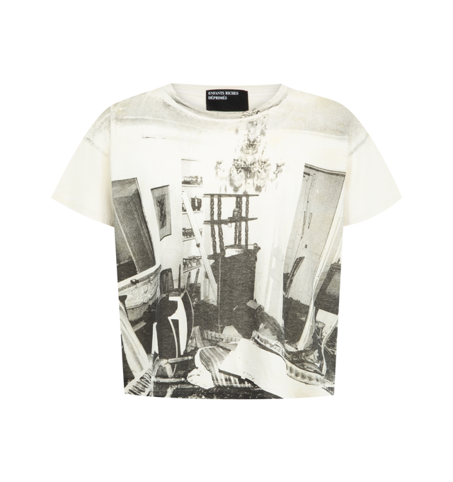 Image 1 of 2 - WHITE - ENFANTS RICHES DEPRIMES Destroyed Apartment T-Shirt featuring boxy, oversized fit, rib knit neckline, single stitch hem at waist and cuffs and print throughout. 100% cotton.