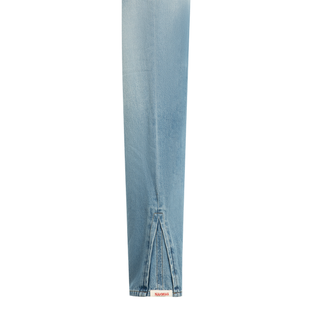 Image 4 of 4 - BLUE - Nahmias Men's Split Seam Straight Leg Jeans are crafted from 100% cotton denim and feature a classic straight-leg silhouette with distinctive split-seam detailing. Finished with a signature Summerland label at the split seam, these designer jeans reflect Nahmias' laid-back Los Angeles aesthetic with a contemporary approach to everyday denim. Main Material: 100% Cotton. Fit: Straight Leg. Detail: Summerland Label at Split Seam. Care: Machine Wash Cold. Designed in Los Angeles.