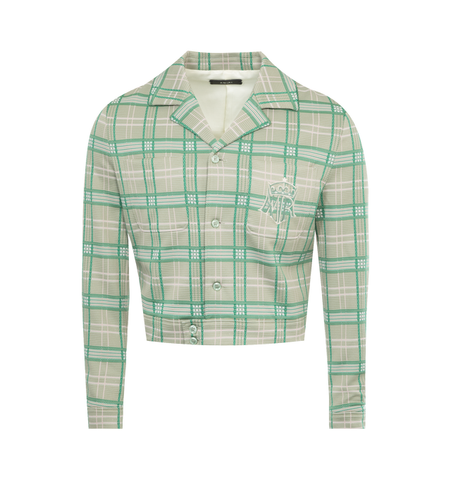Image 1 of 2 - GREEN - AMIRI Plaid Jacket featuring stretch nylon-blend, check pattern throughout, notched lapel, button closure, logo graphic embroidered at patch pocket, patch pockets at front, button tab at hem, two-button barrel cuffs, welt pocket at interior and full twill lining. 60% polyamide, 37% polyester, 3% elastane. Lining: 100% viscose. Made in Italy. 