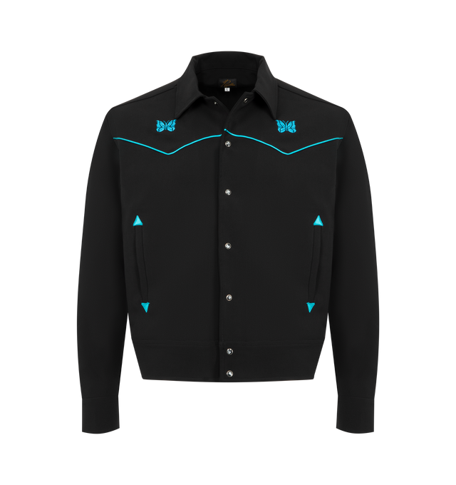 Image 1 of 3 - BLACK - NEEDLES Piping Cowboy Jacket featuring snap button closure, piping details at yoke and cuffs, embroidered logo at chest and rear and two side pockets. 89% polyester, 11% polyurethane. Made in Japan.