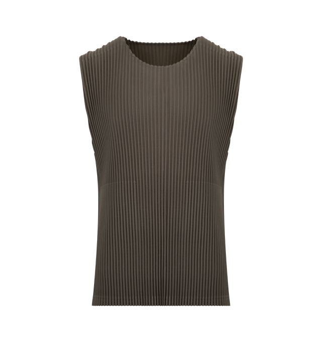 Image 1 of 3 - GREEN - ISSEY MIYAKE Tailored Pleats 2 Top featuring round-neck vest, quick-drying property, pleats throughout and sleeveless. 100% polyester. Made in the Philippines.