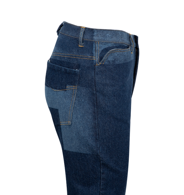 Image 3 of 3 - BLUE - NEEDLES Patchwork Straight Leg Jeans featuring zip fastening, back patch pockets, relaxed straight-leg and asymmetric workwear stitches. 100% cotton. 
