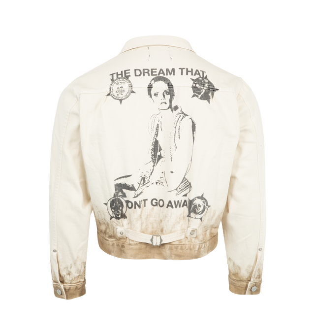 Image 2 of 2 - WHITE - ENFANTS RICHES DEPRIMES Type VII Jacket "The Dream That Wont Go Away" in lightweight Japanese cotton selvedge denim (11 oz) featuring a spread collar, front patch pocket, and logo-branded brass hardware with a cinch-back in a silver finish. Printed artwork appears at the chest and back, finished with distressing throughout. 100% cotton.