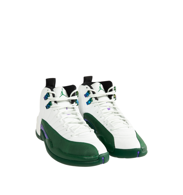 Image 2 of 5 - GREEN - Air Jordan 12 Retro 'Bucks' Sneakers are crafted from premium leather and feature a Summit White upper with sunrise-inspired stitch lines and Gorge Green overlays inspired by early-2000s player exclusives. Designed with a classic basketball silhouette, they are finished with Jumpman branding, Air Zoom cushioning, and a durable rubber outsole for comfort and performance. Main Material: Leather. Cushioning: Full-length Air Zoom. Sole: Rubber. Made for men.