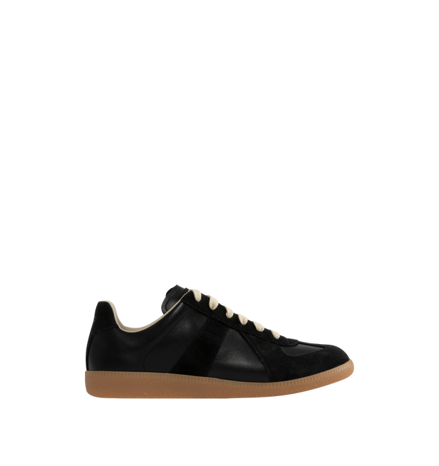 Image 1 of 5 - BLACK - Maison Margiela Replica Sneakers featuring lace-up sneakers in buffed nappa calfskin and calfskin suede, contrasting sole, Maison Margiela logo label on the tab, internal Replica label, internal elastic and all-over Maison Margiela logo insole. 100% calf leather. Sole: 100% rubber. Made in Italy.