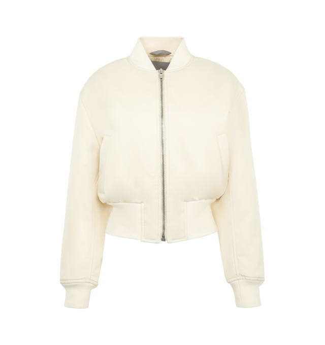 Image 1 of 3 - WHITE - BALENCIAGA Cropped Bomber Jacket featuring technical faille, cropped bomber with rounded sleeves, front zip closure, 2 front slash pockets, ribbed trims and high gathered waistband. 100% polyester. Lining: 100% viscose. Filling: 60% silk, 40% polylactide. Made in Italy.