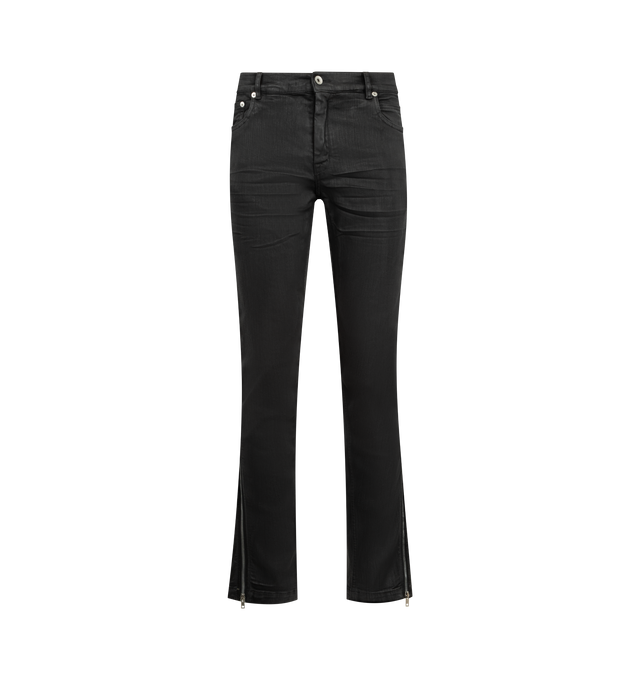 Image 1 of 3 - BLACK - RICK OWENS Vega Jeans featuring coated stretch denim jeans, belt loops, six-pocket styling, zip fly and zip vent at outseams. 91% cotton, 6% elastomultiester, 3% rubber fiber. Made in Italy.