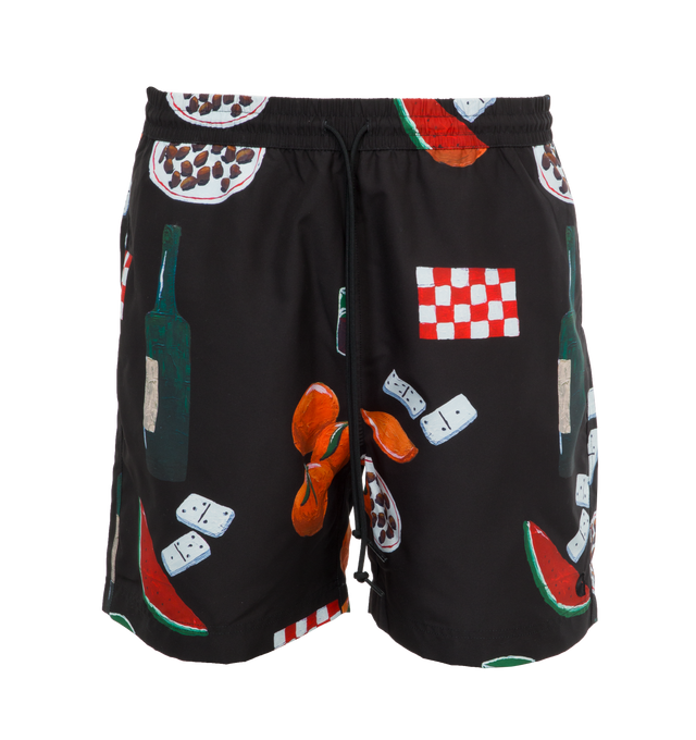 Image 1 of 4 - BLACK - CARHARTT WIP Slater Swim Shorts featuring regular fit, mid-rise, straight leg, drawstring elasticated waistband, two slip pockets at front, all-over print, patch pocket at back and internal mesh briefs. 100% polyester. 