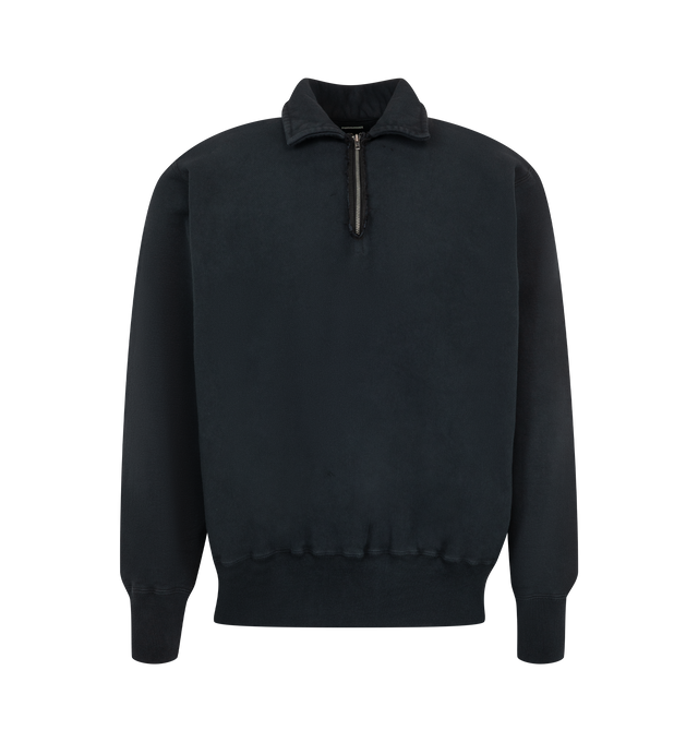 Image 1 of 2 - NAVY - A.Presse Men's Vintage Half-Zip Sweatshirt features a clean, minimalist silhouette designed for versatile layering or standalone wear. The half-zip neckline with pointed collar completes this understated casual style. Material: 100% Cotton. Made in Japan.