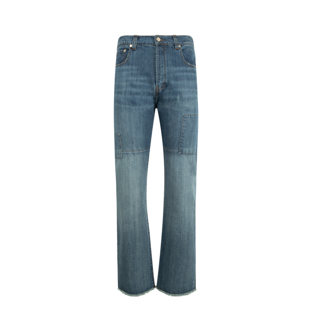 Image 1 of 3 - BLUE - WALES BONNER Chance Denim featuring button waist, 5 pocket construction, straight leg, washed patched denim and leather patch at rear waist. 100% cotton. Made in Portugal.