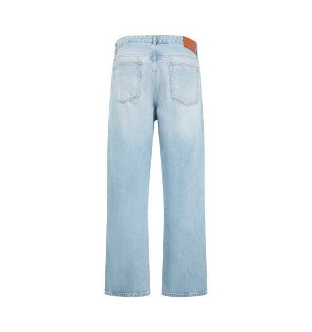 Image 2 of 3 - BLUE - Studio Nicholson Men's Riso Straight Leg Denim Pant is crafted from 14 oz cotton denim and features a classic five-pocket construction with a straight-leg silhouette inspired by archival 1990s denim styles. Referencing the relaxed jeans worn by young Hollywood figures outside Los Angeles' Viper Room, this everyday essential is bleached and washed to create a lived-in, vintage appearance. Main Material: 100% Cotton. Fit: Straight Leg. Pockets: Five-Pocket Construction. Details: 14 oz De