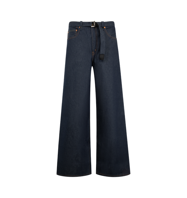 Image 1 of 8 - BLUE - Sacai X Levi's Men's Belted Wide leg pants are crafted from a medium-dark wash cotton denim and feature a high-rise waist, wide-leg silhouette, a buckled belt, signature Levi back-pocket design, and utility-inspired patch pockets. Main Material: 100% Cotton. Made in Japan.
