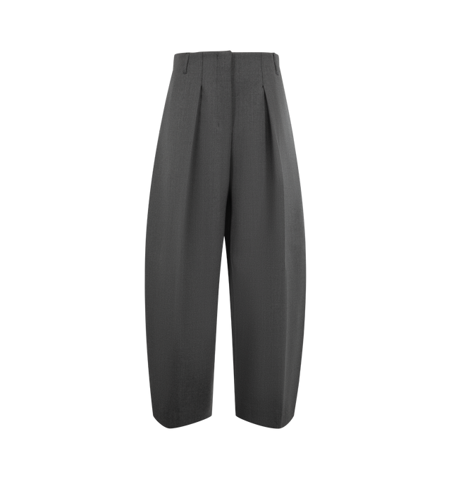 Image 1 of 3 - GREY - Jacquemus Women's The Ovalo Pants are crafted from a stretch wool blend and features a mid-high rise, a wide curved-leg silhouette, and a fully lined construction. Designed with stitched-down pleats, a set-in waistband, and a split-back waistband, these sculptural trousers balance tailored structure with fluid volume. Finished with side-seam pockets, belt loops, a zip fly with hook-and-bar closure, and a welt back pocket accented by a signature "J" belt loop. Main Material: 53% Polye