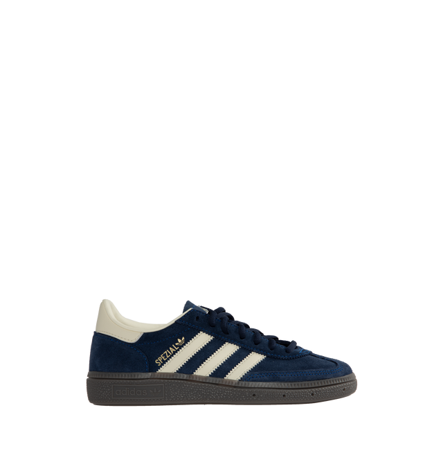 Image 1 of 5 - BLACK - Adidas Originals Handball Spezial lace-up sneakers with premium smooth "night indigo" color suede and leather upper featuring cream-white tri-stripes, Spezial tongue logo, metallic signature on the side and gum rubber outsole.