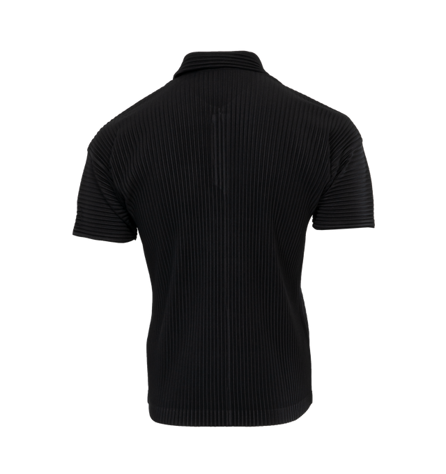 Image 2 of 3 - BLACK - ISSEY MIYAKE Pleated Polo Shirt featuring open collar, short sleeves and pullover style. 100% polyester.  