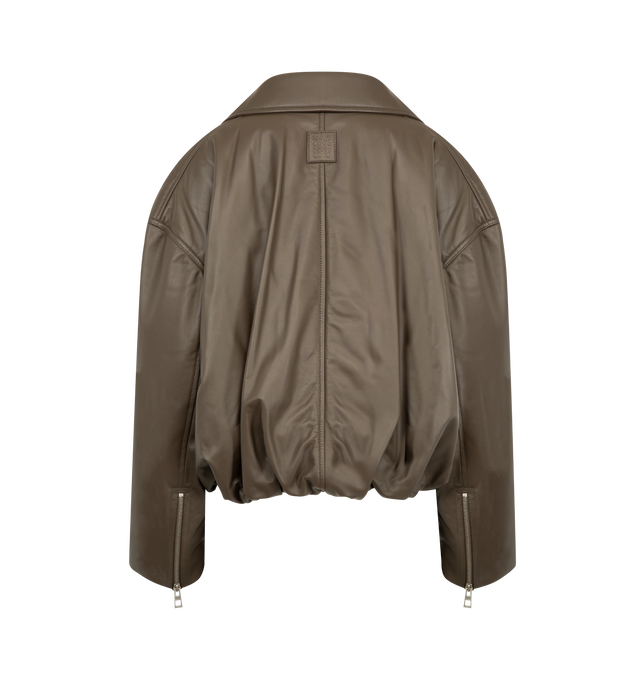 Image 2 of 3 - GREEN - LOEWE Biker Jacket in lightweight nappa lambskin featuring a balloon silhouette with a padded construction, regular fit, short length, zipped front fastening, cuffs and pockets, buckle belt at the hem, fully lined and anagram embossed leather patch placed at the back. Nappa. Made in Italy. This item may be restricted for online purchase to international clients. For assistance purchasing this item please contact our dedicated stylist team at personalshopping@hirshleifers.com.