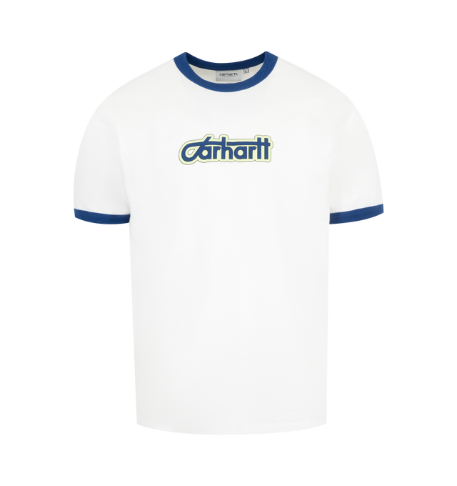 Image 1 of 2 - WHITE - CARHARTT Ringer Tee featuring worn-in look, contrast rib trim at crew neck and sleeves, short sleeves with regular fit and graphic at chest. 100% organic cotton.