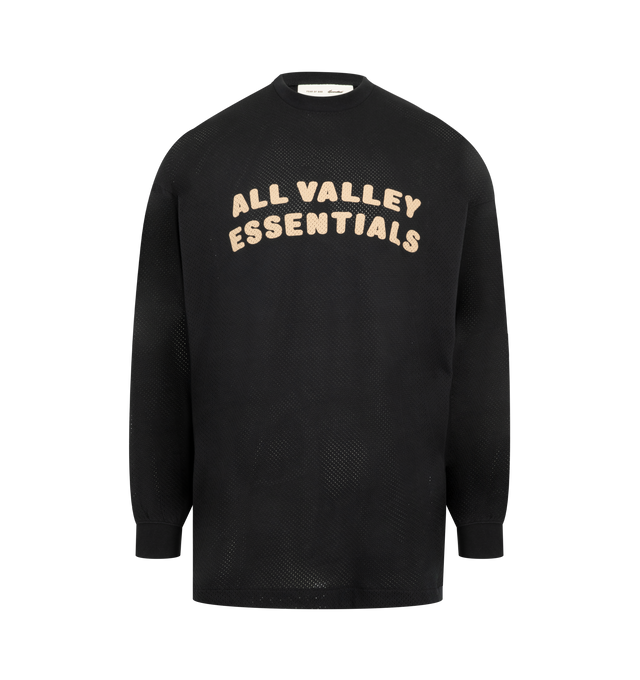 Image 1 of 2 - BLACK - Fear of God Essentials Mens Sport Mesh Merch Long Sleeve Tee is crafted from cotton sport mesh. Features a boxy relaxed fit, ribbed crew neckline, dropped shoulders, ribbed cuffs, enzyme-washed finish, crackle-printed All Valley Essentials graphic at the front, crackle-printed "26" graphic at the back, and an Essentials signature label at the back collar. Main Material: 100% Cotton Sport Mesh.