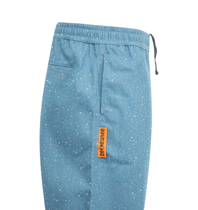 Image 3 of 3 - BLUE - PLEASURES Glitter Baggy Denim Shorts featuring rhinestone denim, elasticized waistband, concealed drawstring, two side pockets, one back welt pocket and woven label. 80% cotton, 20% polyester.