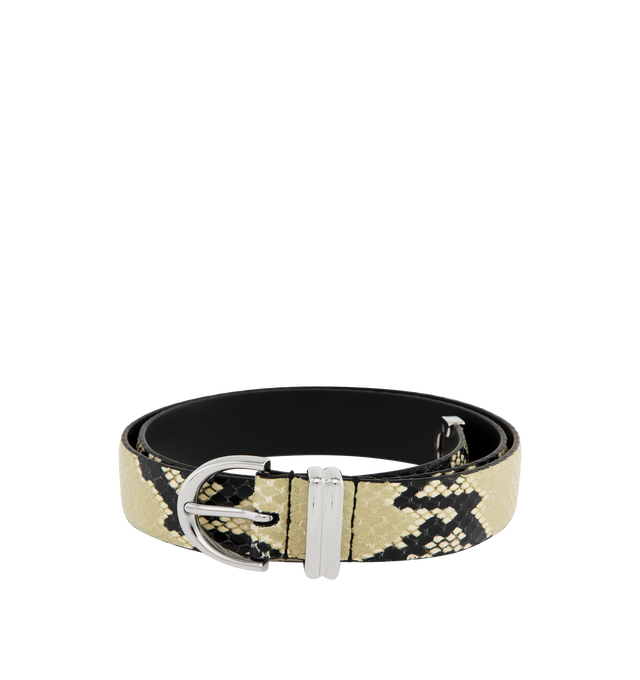 Image 1 of 2 - NEUTRAL - KHAITE Bambi Skinny Belt featuring snake print, punch hole detailing, a silver buckle, rounded tip and embossed logo on the inner. 100% calfskin. Made in Italy.
