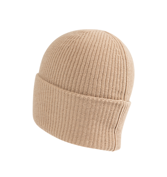 Image 2 of 2 - BROWN - MONCLER Wool Beanie featuring carded wool, rib knit, gauge 7 and logo patch. 100% virgin wool. Made in Italy.