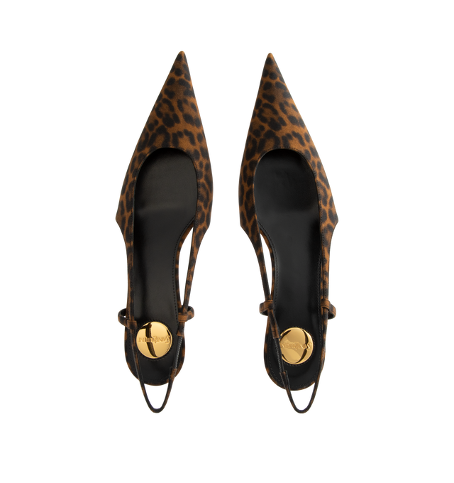 Image 4 of 4 - BROWN - Saint Laurent Women's Secret Slingback Pumps are crafted from leopard-print grosgrain and feature a pointed-toe silhouette, an elasticized slingback strap, and a refined kitten heel. Designed for effortless day-to-evening wear, this elegant style is finished with a leather sole and a round Saint Laurent-engraved metal plaque at the insole. Main Material: Viscose, Lambskin. Sole: Leather. Heel Height: 3 cm / 1.2 in. Made in Italy.