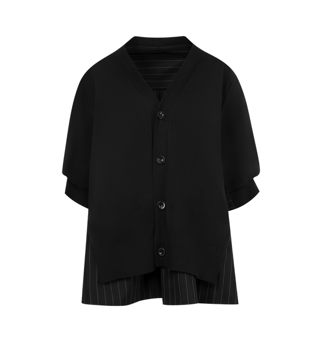 Image 1 of 2 - BLACK - SACAI Chalk Stripe x Cotton Knit Cardigan featuring layered cardigan with a V-neckline in lightweight cotton knit and crisp cotton pooplin, front slip pockets, buttoned cuffs, box pleat at back yoke, knit layer is finished with a tonal button closure and ribbed trim at cuffs and hem. 100% cotton.