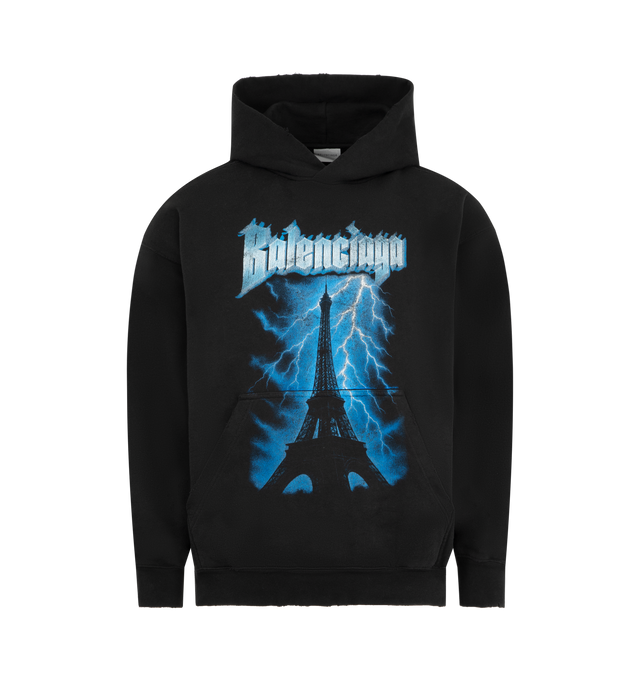 Image 1 of 2 - BLACK - BALENCIAGA Paris Thunderstorm Hoodie Medium Fit featuring dry fleece, worn-out details, hood without drawstring, dropped shoulders, 1 kangaroo pocket on front, gathered at cuffs and waistline and Paris thundersorm artwork printed on the front. 100% cotton. Made in Portugal.