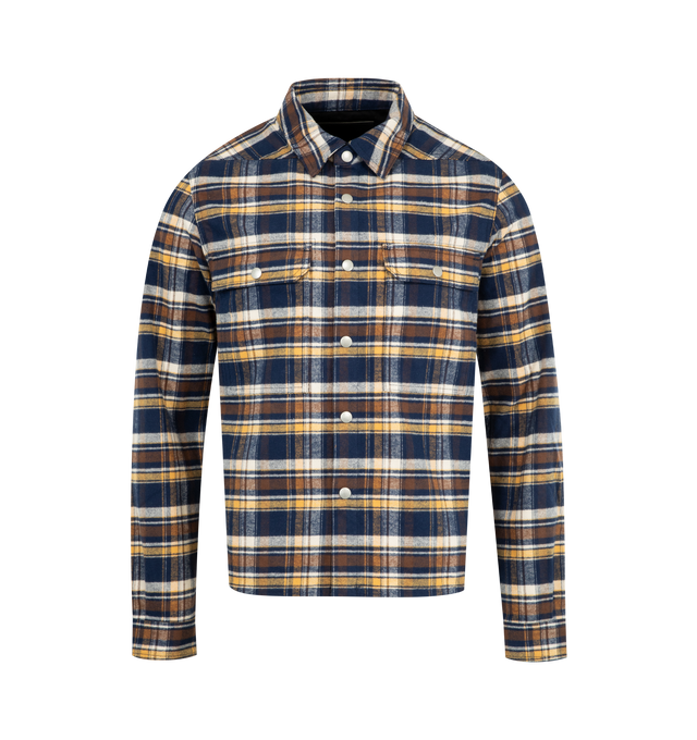 Image 1 of 2 - MULTI - DRKSHDW Plaid Outershirt featuring hip length, boxy fit, long sleeves, front button closure, collar, two square pockets on chest and snap button cuffs. 100% cotton.