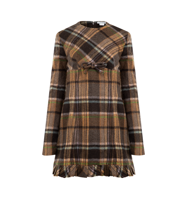 Image 1 of 2 - BROWN - ACNE STUDIOS Wool Mini Dress featuring a midweight textured wool blend in a check pattern, shaped with darts for a soft hourglass silhouette, bow detail at the chest, a ruffled skirt hem, cut to a fitted style and mid-thigh length. 70% wool, 25% nylon, 5% other fibres. Lining: 33% polyester, 67% acetate.