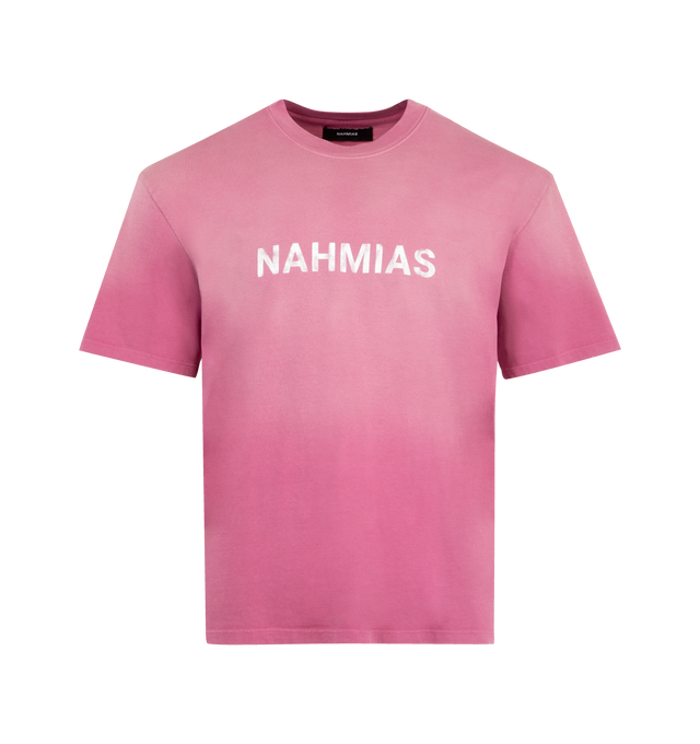 Image 1 of 2 - PINK - NAHMIAS Aged Logo Boxy T-shirt featuring short sleeves, crew neck, boxy fit, logo on front and natural faded vintage apperance. 100% cotton.