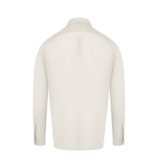 Image 2 of 2 - NEUTRAL - RICK OWENS Work Shirt featuring saddle shoulders with single-button barrel cuffs, concealed button closure, shirttail hem, spread collar and front flap pockets. 100% organic cotton. Made in Italy.